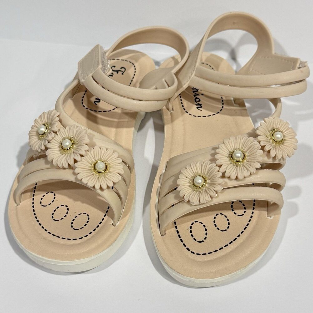 Girls PVC Sandals Size 12 Beige Floral Pearl Non-Slip Summer Shoes Hook & Loop - Picture 8 of 16